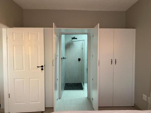 a bathroom with a walk in shower and a glass door at 44 Ongwe Self Catering Apartment in Mondesa