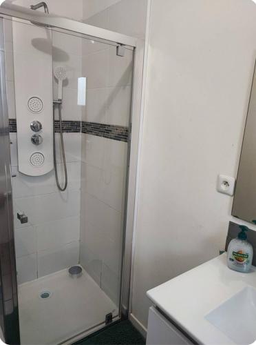 une salle de bain avec douche et lavabo dans l'établissement Maison individuelle, à Rogerville
