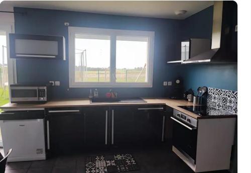 une cuisine avec des armoires noires et un mur bleu dans l'établissement Maison individuelle, à Rogerville