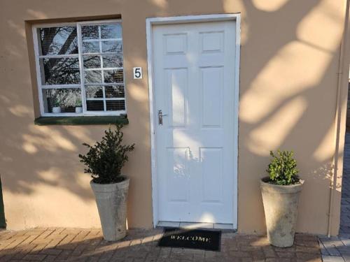 a white door with two potted plants next to it at Protea Guesthouse in Middelburg