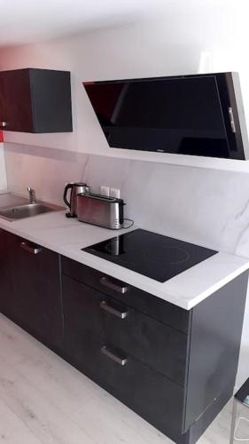 une cuisine avec un évier et un plan de travail dans l'établissement Appt vue parc, avec terrasse, à Châtel-Guyon