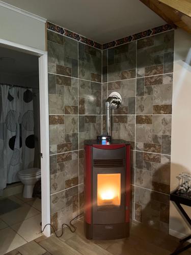 a bathroom with a fireplace in a room with a toilet at Casa Don Alonso Temuco in Temuco