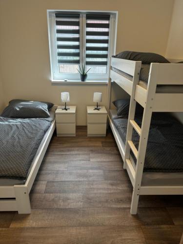 a bedroom with two bunk beds and a window at Apartmán 1 Jägerhaus in Radovesice