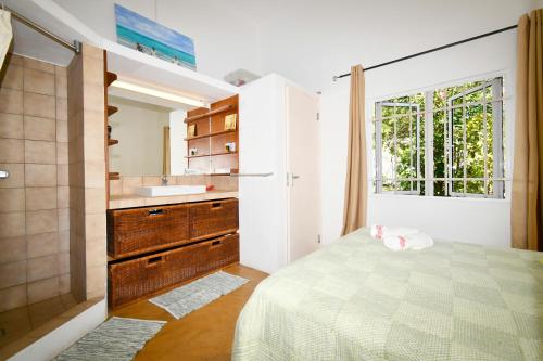 a bedroom with a bed and a sink and a window at Villa de la Vallée in Rodrigues Island
