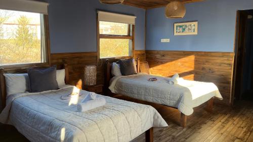 two beds in a room with blue walls at Hosteria Hainen in El Calafate