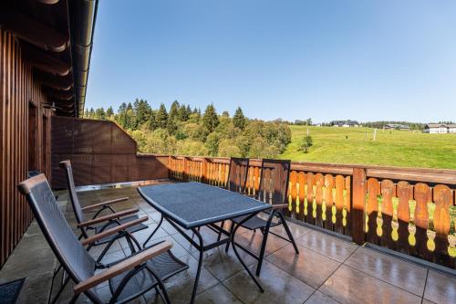 a patio with a table and chairs on a balcony at Wellness apartmán Pila na Kvildě in Kvilda