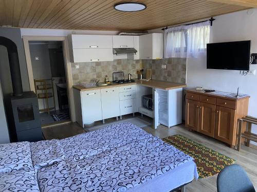 a small kitchen with a bed in a room at SKH S, 1 apartment, 1 bedroom in Praid