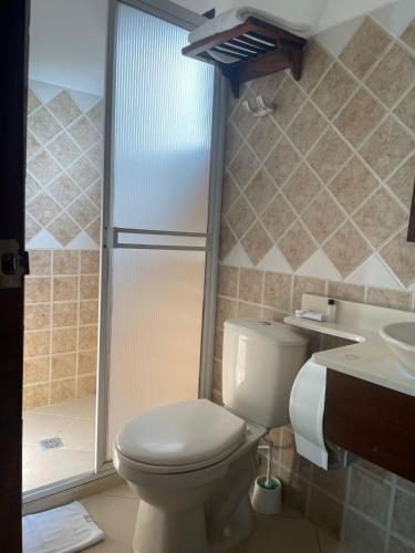 a bathroom with a toilet and a shower and a sink at Hotel Frutas del Lago in Caucasia