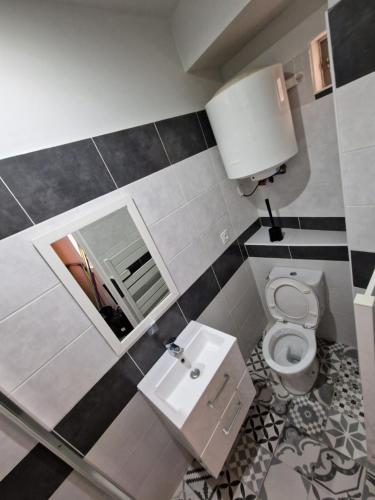 une salle de bain avec toilettes, lavabo et miroir dans l'établissement Studio Fontaine Musicale, à Béziers