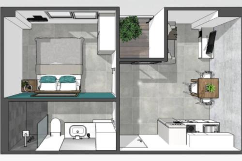 two views of a room with a kitchen and a diagram at Contemporary 1BR Condo - NV-724 in Phuket Town