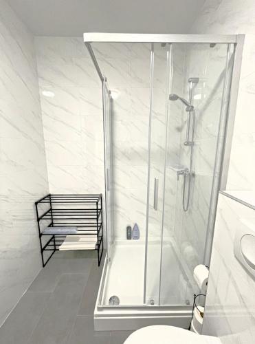 a white bathroom with a shower and a toilet at Apartman Danijela in Popovača