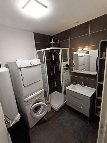 une salle de bain avec toilettes, douche et lavabo dans l'établissement Appartement Terrasse sur le port, à La Seyne-sur-Mer