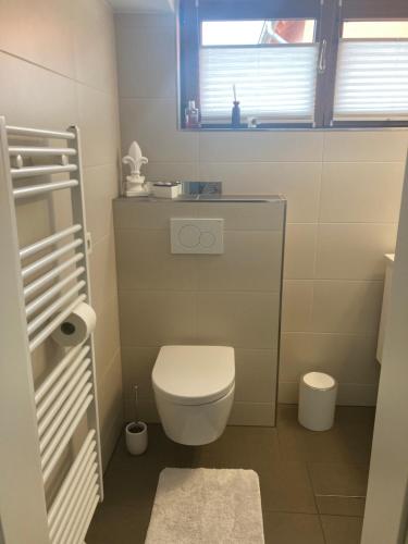 トリーアにあるBachperleのトイレと窓のある小さなバスルーム