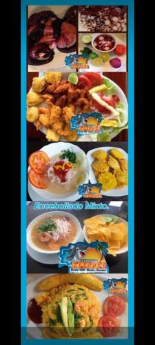 a collage of pictures of different plates of food at La esquina de flipper in Manta