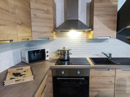 une cuisine avec une cuisinière, un évier et un micro-ondes dans l'établissement La pierre du bois, à Kergloff