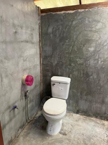 a bathroom with a white toilet in a wall at บ้านสวนแม่แพร-Baan Suan Mae Pair in Mae Taeng