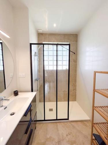 une salle de bain avec douche et lavabo dans l'établissement Maison Cosy avec Jardin et Cheminée sur Vichy, à Creuzier-le-Vieux