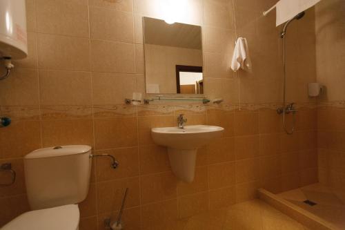 a bathroom with a toilet, sink and mirror at Silver Beach Apart Complex in Byala