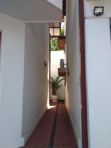 an empty hallway with a potted plant in the doorway at Sujee Villa White House in Beruwala