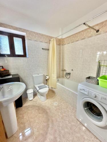 a bathroom with a toilet sink and a washing machine at Althaea in Monemvasia