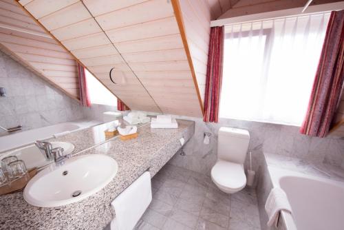 a bathroom with a sink and a toilet and a tub at Hotel Schlössli in Ipsach