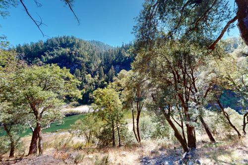 a view of a valley with trees and a river at Log Cabin on the River in Hawkins Bar