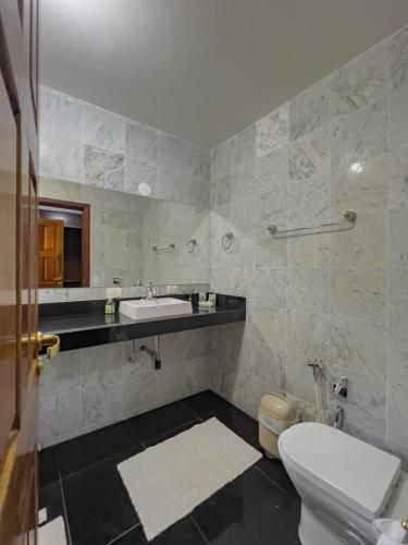 a bathroom with a white toilet and a sink at Araucária Lodge - 800 metros do Capivari in Campos do Jordão