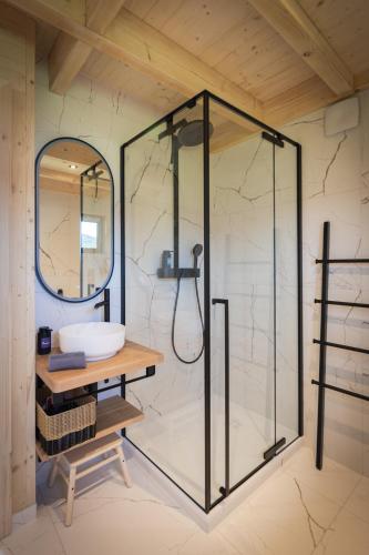 une salle de bain avec douche et lavabo dans l'établissement La Cabane des Prés, à Ban-sur-Meurthe-Clefcy
