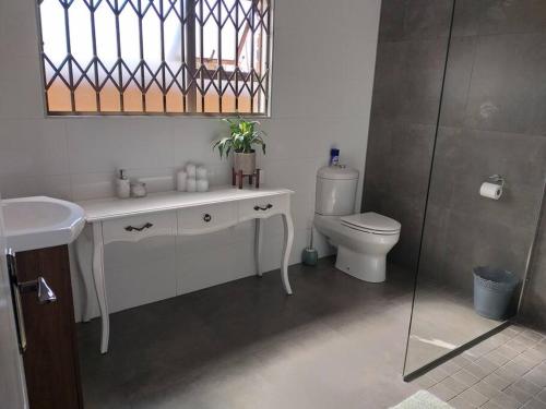 a bathroom with a sink and a toilet and a mirror at Hidden Gem in Bloemfontein