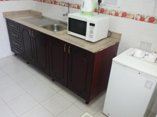 a kitchen with a sink and a microwave on a counter at Azaiba Hotel Apartments in Muscat