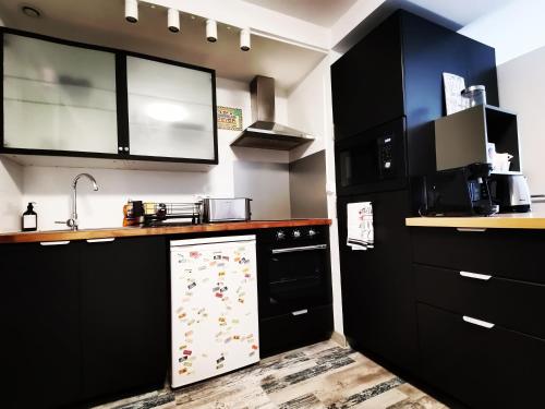 une cuisine avec des armoires noires et un comptoir dans l'établissement Proche de Nancy centre, appart cinéma rénové avec parking gratuit, à Nancy