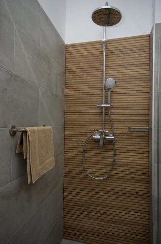a shower with a wooden door in a bathroom at Családi kikötő apartman in Gyula