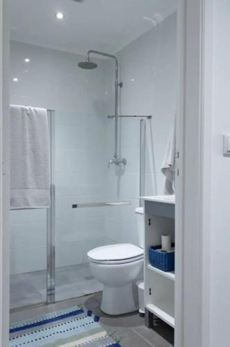 a white bathroom with a toilet and a shower at Aligus 1 Apartamento na Horta, Faial, Açores in Horta