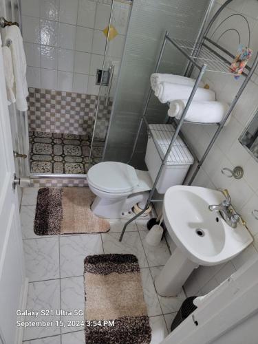 a bathroom with a toilet and a sink at Peaceful Ambiance Awaits at Turtle beach Tower in Ocho Rios