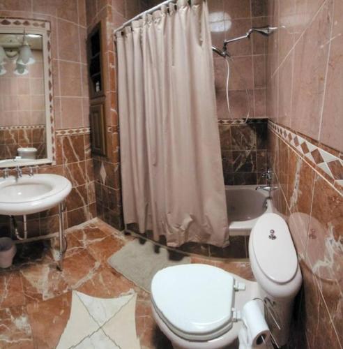 a bathroom with a toilet and a sink and a shower at Old Kinderhook Castle in Roach