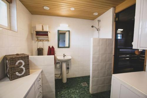 a bathroom with a sink and a toilet and a sink at Forest Ranger's House, Authentic Lappish atmosphere in Äkäslompolo