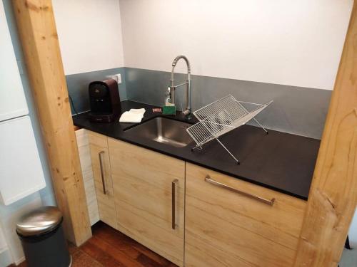 une cuisine avec un évier et un plan de travail dans l'établissement Le Coq Bleu, à Reims