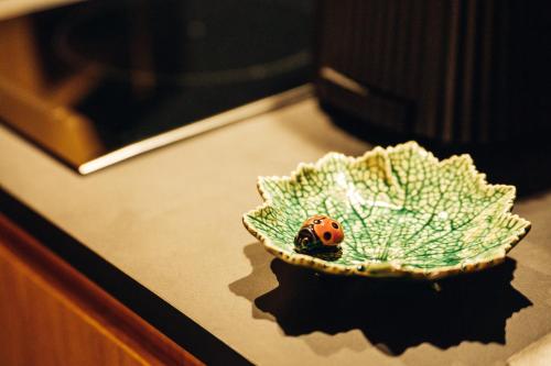 a ladybug sitting on top of a green leaf at Story Studio Sortelha - Heritage in Sortelha