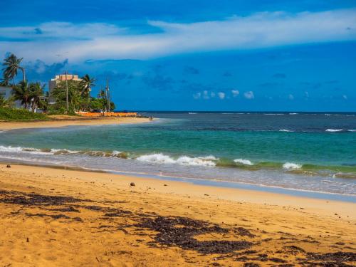 a beach with the ocean and a building in the distance at Olas Del Mar Beach Apartment in Luquillo
