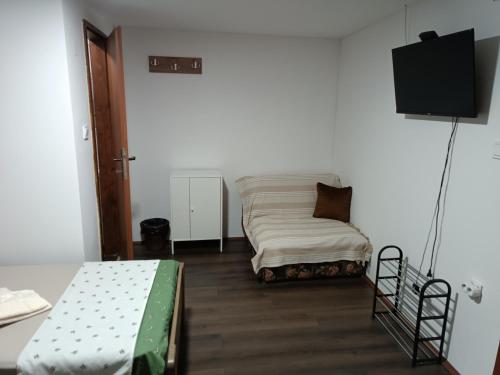 a small room with a bed and a television at Prenoćište Lipov lad in Negotin