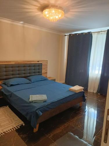a bedroom with a bed and a chandelier at Residence 3 dormitoare in Târgu Neamț
