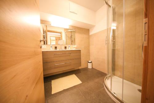 a bathroom with a shower and a sink and a mirror at Residence Alpin in Zell am Ziller