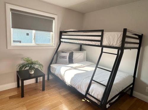 a bedroom with two bunk beds and a table at Cribs on the Hill in Picton