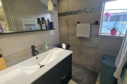 La salle de bains est pourvue d'un grand lavabo blanc et d'un miroir. dans l'établissement Appartement cosy & fonctionnel !, à Lempdes