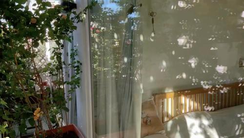 a room with a window with a curtain at Votre chambre avec salle de bain privée et balcon végétal à Lisbonne Amoreiras - Your Room with private bathroom and balcony in Lisbon Amoreiras in Lisbon