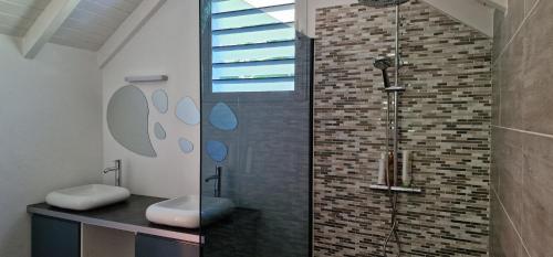 Un baño con lavabo y ducha con puerta de cristal. en hébergement Les Abymes, en Les Abymes