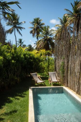 a swimming pool with two chairs and palm trees at Zai Patacho in Pôrto de Pedras