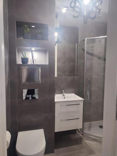 a bathroom with a toilet and a sink and a shower at Apartament LUX w centrum Konina in Konin