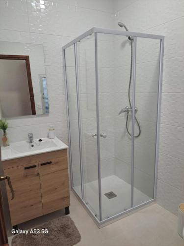 a shower with a glass door in a bathroom at La casilla in Herencia