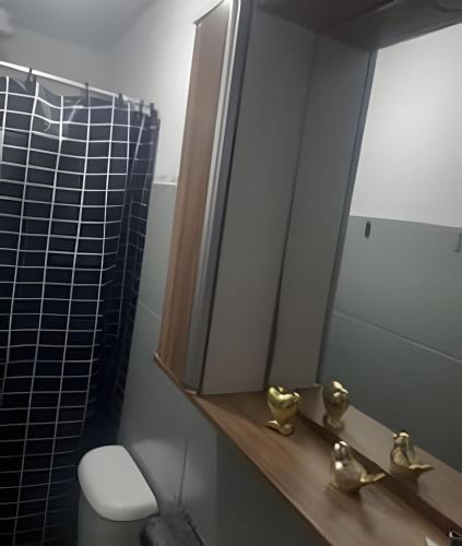 a bathroom with a sink and a mirror and a toilet at otimo apart 2 quartos no recreio dos bandeirantes in Rio de Janeiro